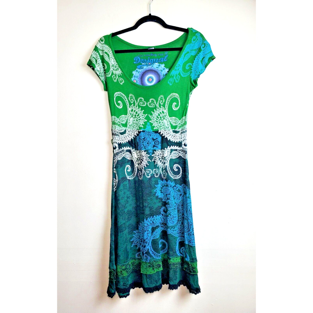 Desigual Womens Small Dress Green Paisley Liz Rep Scoop‎ Neck Lace Trim
